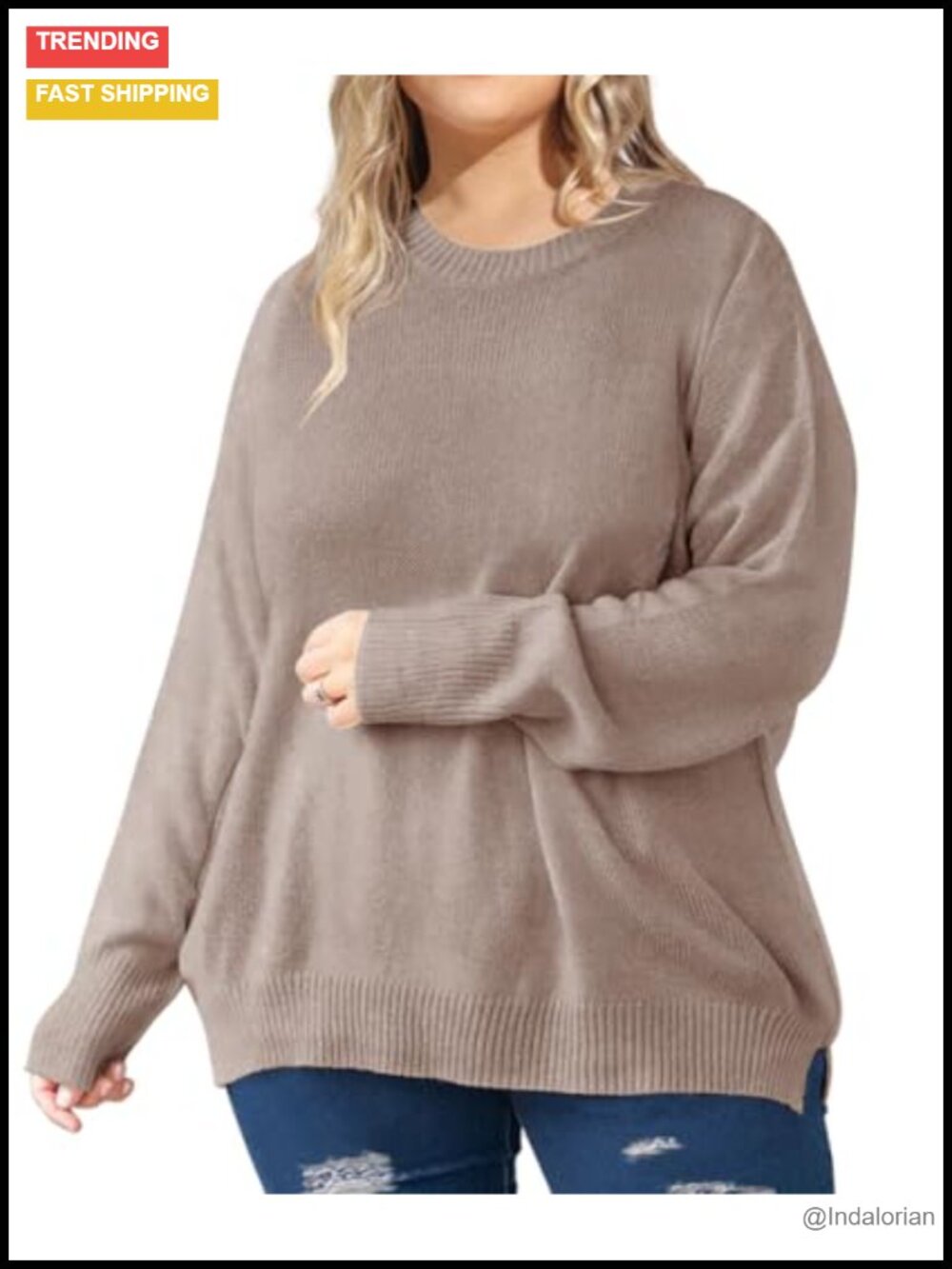 Plus Size Oversize Crewneck Knit Sweater Pullover Side Split